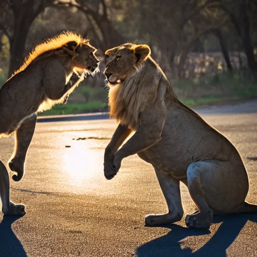 Image similar to lion slap boxing a kangaroo, savannah, national geographic, golden hour, 3 5 mm