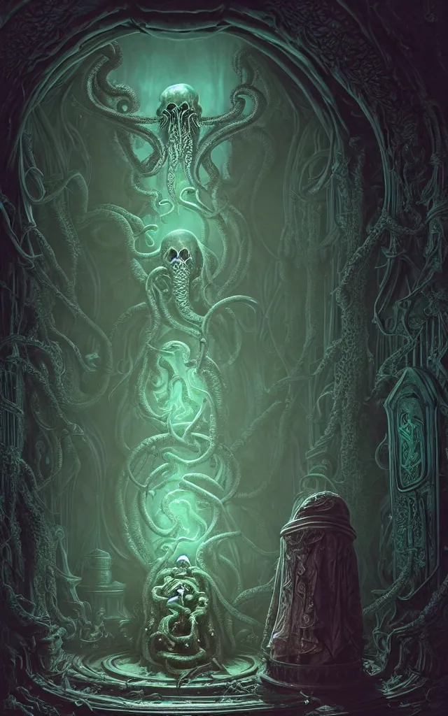 Prompt: hooded necromancer in front of a cthulhu within a viscosity fluid lovecraft portal, intricate architecture, baroque detailed, unreal engine, octane render, micro detail, digital art by dan mumford and peter mohrbacher and wayne barlowe, intricate detail, subsurface scattering, ray tracing, unreal engine, octane render