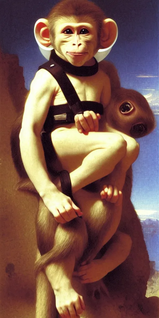 Prompt: portrait of monkey in astronaut helmet, by bouguereau