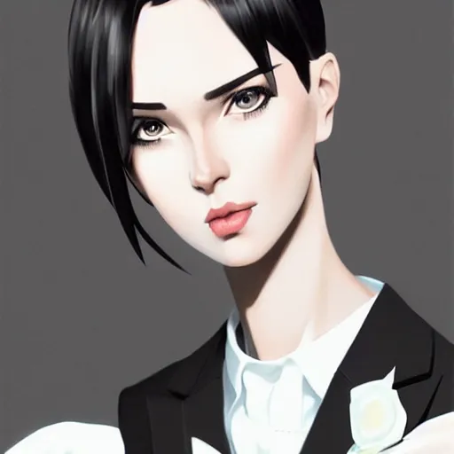 Image similar to slim girl in tuxedo with short black hair, elegant, 2d, ultra highly detailed, digital painting, smooth, sharp focus, artstation, art by Ilya Kuvshinov