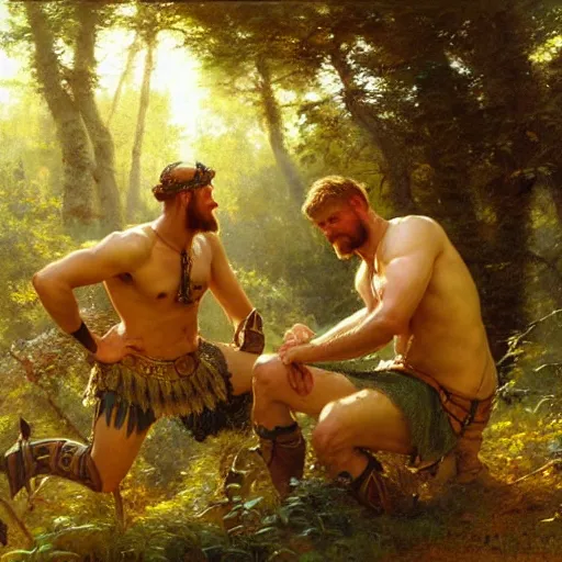 Image similar to 2 attractive male vikings frolicking in the forest. highly detailed painting by gaston bussiere, craig mullins, j. c. leyendecker, 8 k