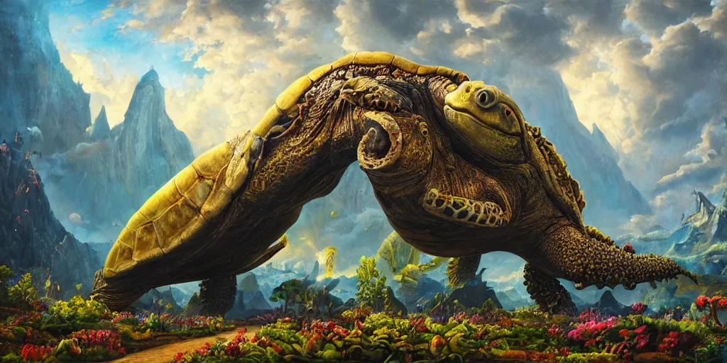 Image similar to fantasy oil painting, great leviathan, cybernetic turtle cephalopod terrapin reptilian pachyderm squid, bella hadid, hybrid, milla jovovich, anubis, epic natural light, lush plants flowers, spectacular mountains, bright clouds, luminous sky, outer worlds, golden hour, michael cheval, edward hopper, michael whelan, vray, hd