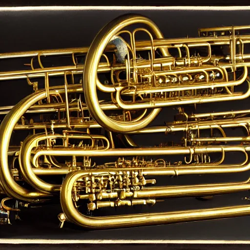 Prompt: a film photograph of a hydra made of brass wind instruments