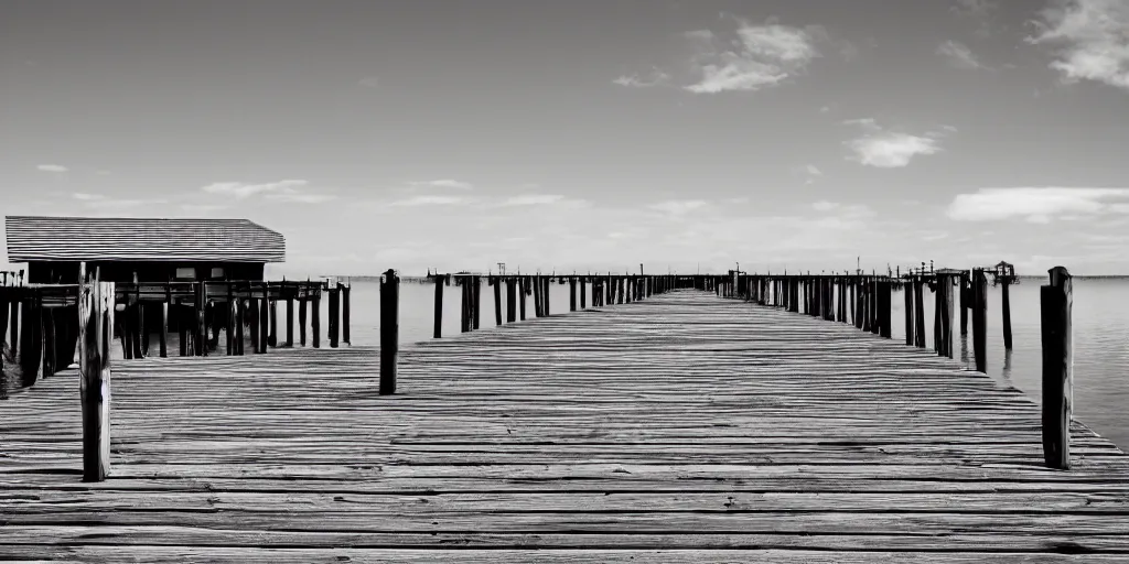 Prompt: infrared photograph of a seaside dock