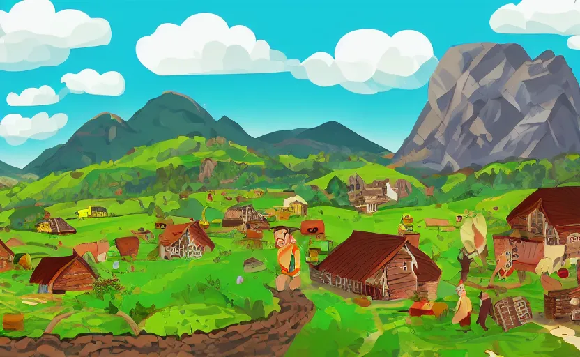 Image similar to some villagers busy farming in a small village in a valley, a dragon approaching from a distance, vector, storybook, gouache, flat, sharp edges, concept art, print