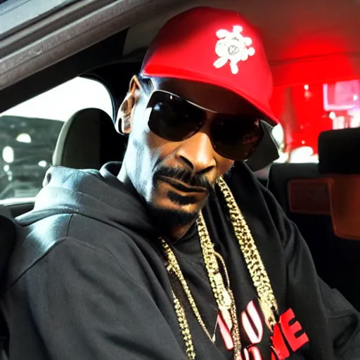 Image similar to Snoop Dogg is sitting in a police car wearing a cap C-11