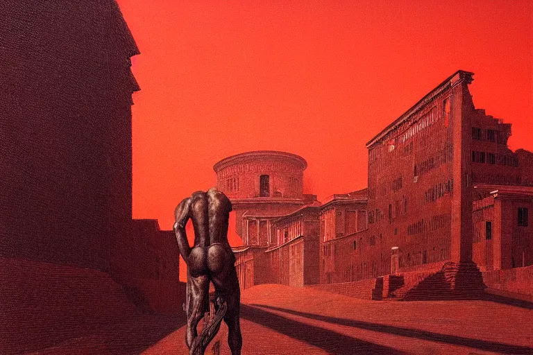 Image similar to only with red, caesar after war, a red tiger, in hoc signo vinces, rome in background, an ancient path, in the style of beksinski, part by hopper, part by rodcenko, part by hofbauer, intricate composition, red by caravaggio, insanely quality, highly detailed, masterpiece, red light, artstation