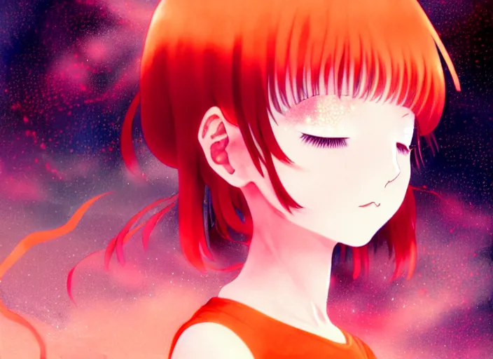 Image similar to anime full portrait of a young girl floating inside a nebula ,omoide emanon, tsuruta kenji, murata range,kawaii, kyoto animation, manga, intricate, detailed, studio lighting, orange red black white, gradation,editorial illustration, matte print, Ilya Kuvshinov