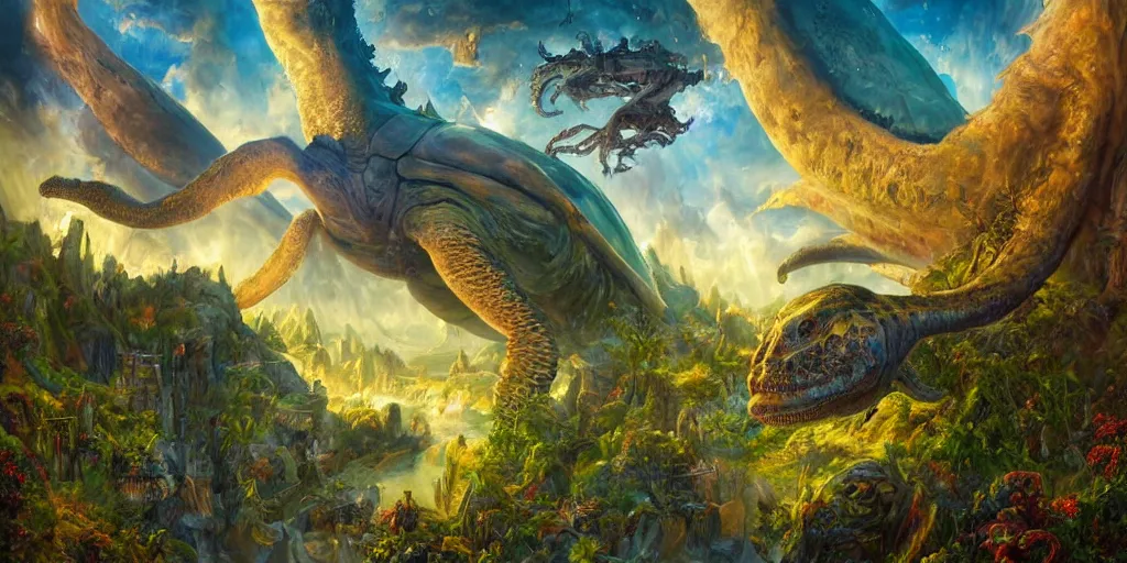 Image similar to fantasy oil painting, great leviathan, cybernetic turtle cephalopod terrapin reptilian pachyderm squid, bella hadid, hybrid, milla jovovich, anubis, epic natural light, lush plants flowers, spectacular mountains, bright clouds, luminous sky, outer worlds, golden hour, michael cheval, edward hopper, michael whelan, vray, hd