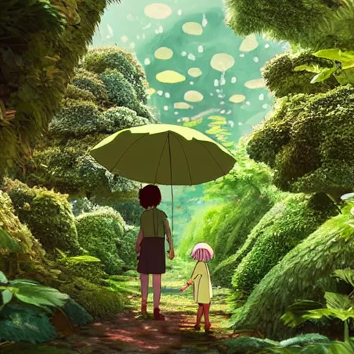Image similar to Tiny human using leaf as an umbrella in giant garden, by Studio Ghibli, cinematic