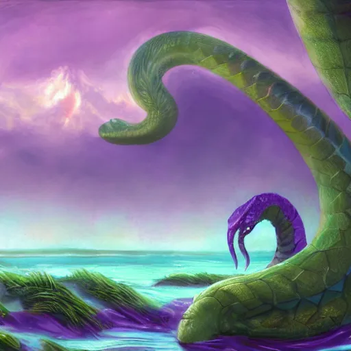 Image similar to a purple head of a serpent with big white eyes, sticking above the water in the mangroves, marshes, trending on artstation, 4 k, video game art, oil painting