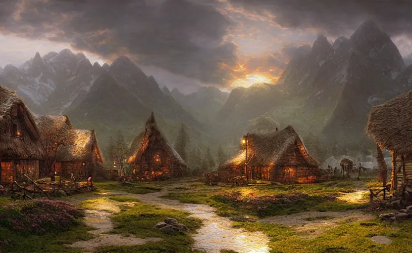 Prompt: ultra realistic landscape of viking village, by thomas kinkade and greg rutkowski