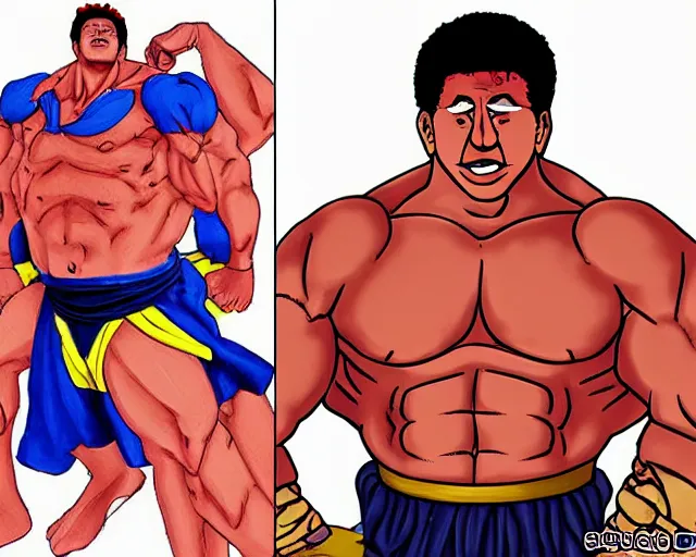Prompt: Hugo Chavez in Baki, Baki style, Baki, bodybuilder, muscular, anime