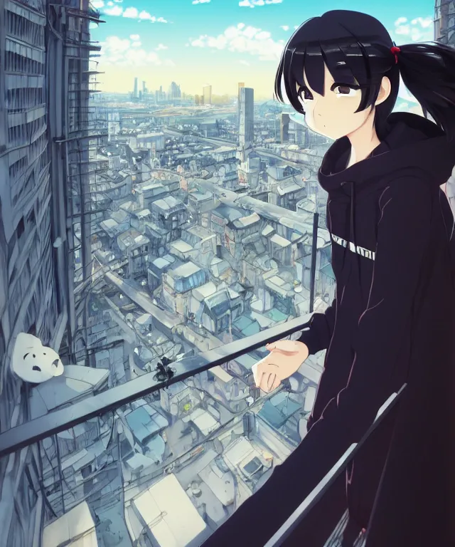 Image similar to anime visual, portrait of a young black haired girl wearing hoodie sightseeing above the city, guardrail, cute face by yoh yoshinari, katsura masakazu, dramatic lighting, dynamic pose, dynamic perspective, strong silhouette, ilya kuvshinov, anime cels, 1 8 mm lens, fstop of 8, rounded eyes, moody, detailed facial features