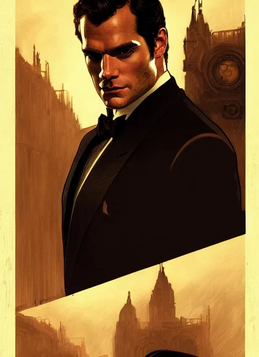 Image similar to portrait of henry cavill as james bond, casino, key art, running, highly detailed, digital painting, artstation, concept art, cinematic lighting, sharp focus, illustration, by gaston bussiere alphonse mucha