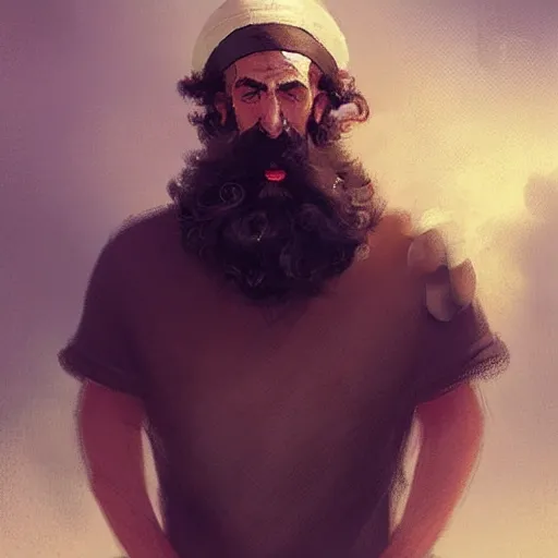 Image similar to a happy merchant jew wearing kippah!!!, black curly beard, black curly hair, hooked nose, by greg rutkowski, artstation, by artgerm, by wlop