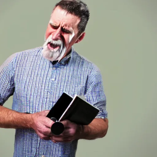 Image similar to photograph. man holding a calendar and crying.