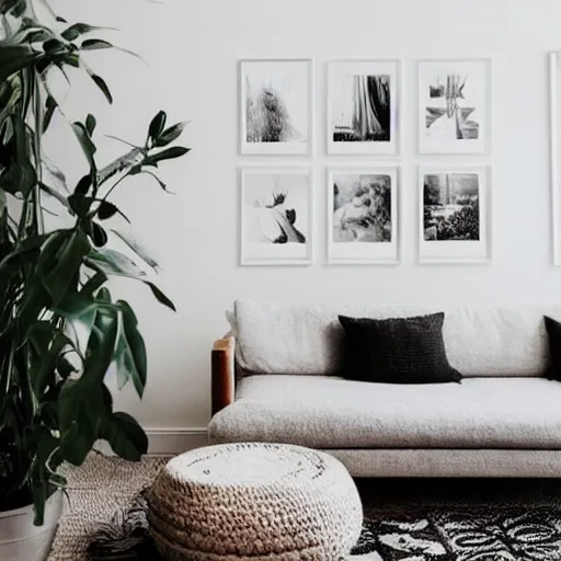 Image similar to a minimalist mockup photo with large blank frame, in a white clean boho style interior, all smooth white walls, trending on pinterest