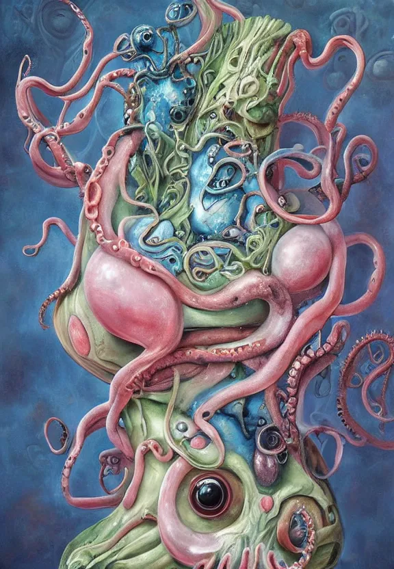 Image similar to a biomorphic painting of a vase with flowers and eyeballs, surrealist painting by marco mazzoni, by dorothea tanning, pastel blues and pinks, tentacles, melting, plastic, skull, featured on artstation, metaphysical painting, oil on canvas, fluid acrylic pour art, airbrush art, seapunk, rococo, lovecraftian