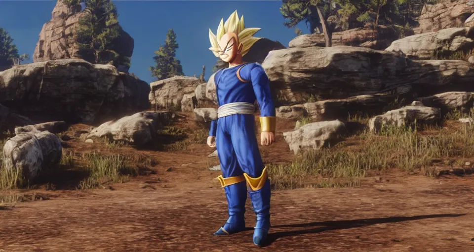 Image similar to Screenshot of Vegeta as a 3d cowboy in full cowboy attire in the videogame 'Red Dead Redemption 2'. Sharpened. 1080p. High-res. Ultra graphical settings.