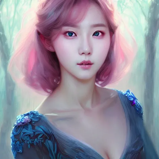 Image similar to Portrait of female Korean idol, D&D, blue eyes, face, pink short hair, fantasy, intricate, elegant, highly detailed, digital painting, artstation, concept art, smooth, sharp focus, illustration, deep forest on background, art by artgerm and greg rutkowski and alphonse mucha