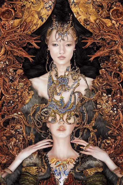 Image similar to hyper-realistic ultra-detailed maximalist and dramatic elegant luxury beautiful young empress portrait by igor goryunov and patricio clarey inspired by andrei riabovitchev and heidi taillefer Rendered by binx.ly 8k. Generative art. Fantastic realism. Scifi feel. Extremely Ornated. Intricate and omnious. Tools used: Blender Cinema4d Houdini3d zbrush. Unreal engine 5 Cinematic. Beautifully lit. No background. artstation. Deviantart. CGsociety.