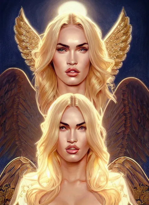 Image similar to portrait of megan fox as an blonde angel, blonde hair, wings, bible, corona, gold, jewelry, intricate, headshot, highly detailed, digital painting, artstation, concept art, sharp focus, cinematic lighting, illustration, art by artgerm and greg rutkowski, alphonse mucha, cgsociety