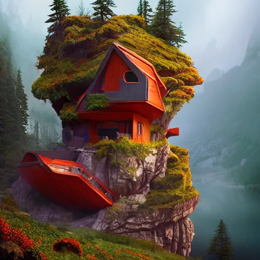 Image similar to a cozy colorful cabin carved into a mountain, view of the ocean, fog, dramatic lighting, artstation, matte painting, raphael lacoste, simon stalenhag, frank lloyd wright, zaha hadid, drone view