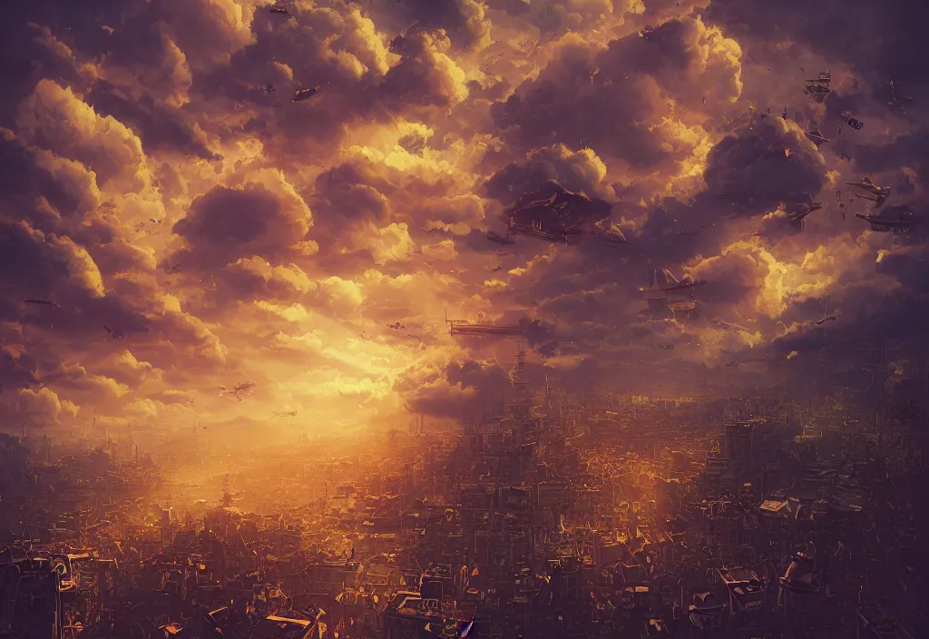 Image similar to flying steampunk city in the clouds with ceppelins by alena aenami, digital art, 4 k, trending on artstation, impressive, epic composition, highly detailed, golden hour