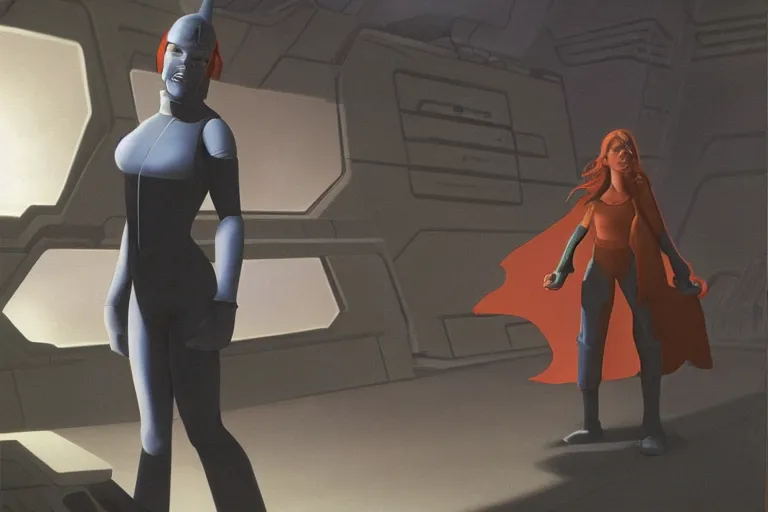 Prompt: mara jade infiltrating a black sun facility on nar shaddaa, painting by ralph mcquarrie