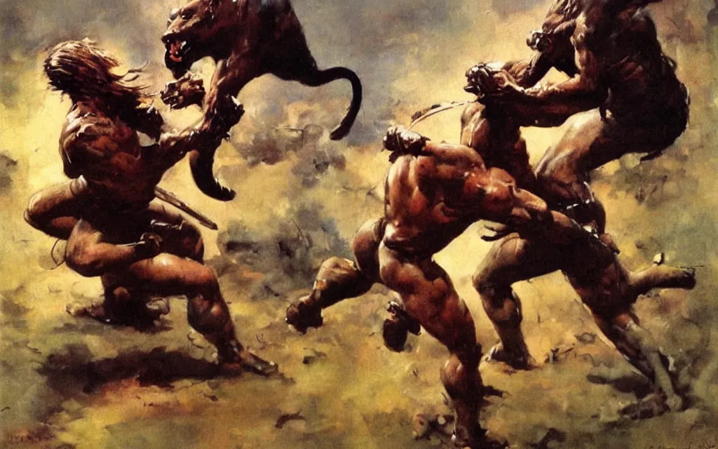 Image similar to frank frazetta painting of a brutal fight between a panther and a warrior with blond hair, oilpainting, smooth,