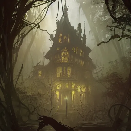 Image similar to a haunted victorian house in a dense dark forest, concept art, by Peter Mohrbacher and Alphonse Mucha, detailed, style, 8k, trending on artstation, unreal engine 4k, detailed, clean background trending, full shot, symmetrical portrait, sophisticated, Unreal engine, dystopia, anti-utopia, post processing, psychadelic