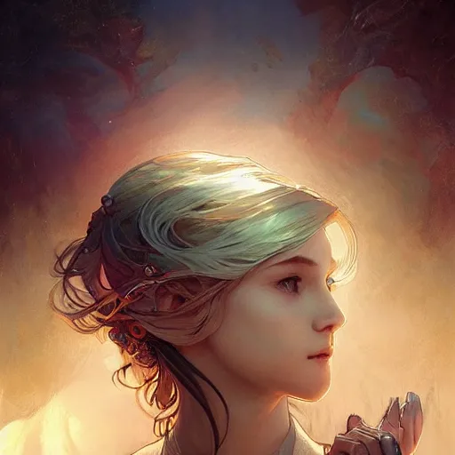 Image similar to the way is the harmony of the universe, fantasy, fantasy magic, undercut hairstyle, dark light night, intricate, elegant, sharp focus, illustration, highly detailed, digital painting, concept art, matte, art by wlop and artgerm and greg rutkowski and alphonse mucha, masterpiece