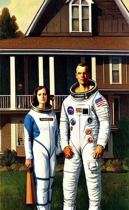 Prompt: an astronaut couple in front of farm house American Gothic style, spaceship in background, 8k, digital art, drawn by j.c. leyendecker, amazing quality