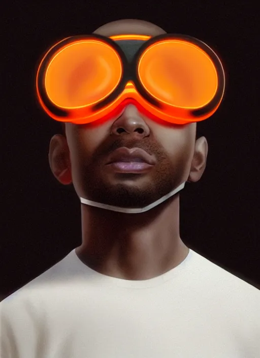 Image similar to handsome black genius hacking the metaverse in a vr headset, white t - shirt and jordans, three dimensional holograms and translucent orange glowing lights, highly detailed, digital painting, artstation, concept art, smooth, sharp focus, illustration, art by wlop, uang guangjian and gil elvgren and sachin teng and greg rutkowski