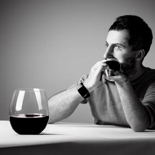 Image similar to portrait of a 3 0 years old frenchman in 2 0 2 0 seated at a table with a bottle of wine. award winning photography, 5 0 mm, studio lighting, black and white, contrasted.