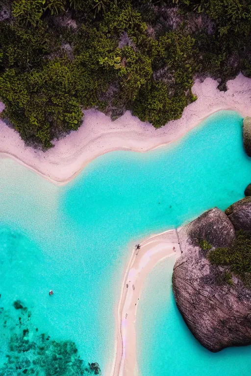 Image similar to Drone Photo of a Beach, turquoise water, calm, volumetric lighting, summer, Cinematic, award winning, highly detailed, photo print.