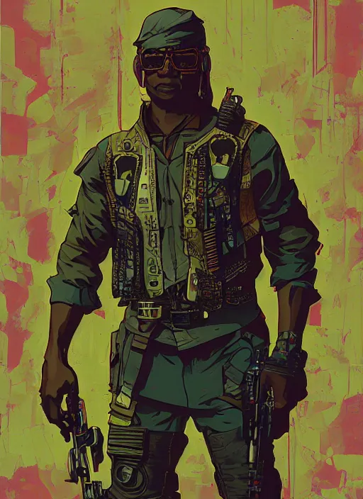 Image similar to chidi igwe. cyberpunk mercenary in combat vest. portrait illustration, pop art, splash painting, art by geof darrow, ashley wood, alphonse mucha, makoto shinkai