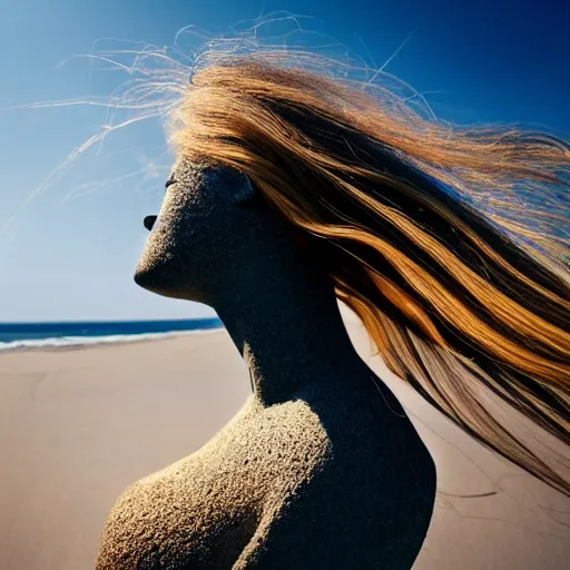 Image similar to A beautiful woman made of sand, blowing away in the wind, high definition photography, professional