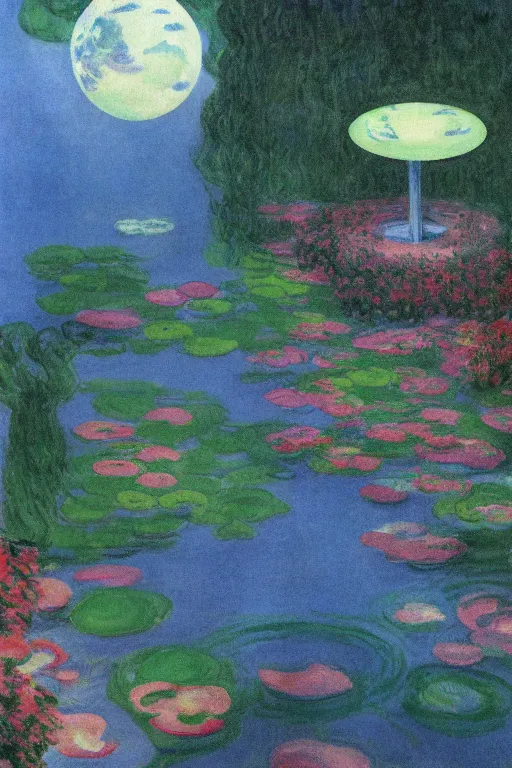 Image similar to cinematic aerial view of decorated surrealist lake garden at night by Edward Hopper and Claude Monet, garden lit by floating shoji lamps, Japanese 1920s art deco backyard design by Katsuhiro Otomo, the moon reflects in the water, the moon casts long exaggerated shadows, blue hour, hyper-detailed watercolor and pen illustration by Syd Mead and byJean Giraud, aerial view