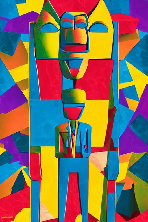 Image similar to cubist moai statue cutout digital illustration cartoon colorful beeple