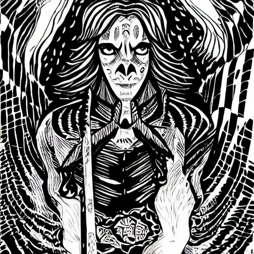 Image similar to black and white pen and ink!!!!!!! Twin Peaks Black Lodge goetic vampire handsome man golden!!!! Vagabond!!!! floating magic swordsman!!!! glides through a beautiful!!!!!!! liquid magic floral crystal battlefield dramatic esoteric!!!!!! Long hair flowing dancing illustrated in high detail!!!!!!!! by Moebius and Hiroya Oku!!!!!!!!! graphic novel published on 2049 award winning!!!! full body portrait!!!!! action exposition manga panel black and white Shonen Jump issue by David Lynch eraserhead and beautiful line art Hirohiko Araki!! Rossetti, Millais, Mucha, Jojo's Bizzare Adventure