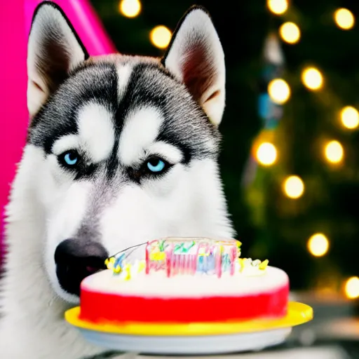 Prompt: a high - quality photo of a happy husky with a birthday cake, 4 5 mm, f 3. 5, sharpened, iso 2 0 0, raw, food photography