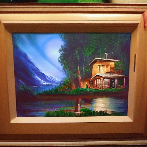 Image similar to a bob ross painting of the inside of a house