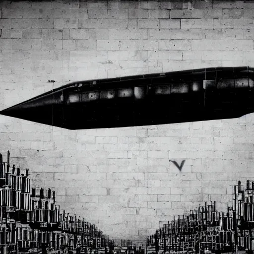 Prompt: a brutalism dark photo of an airship full of graffiti