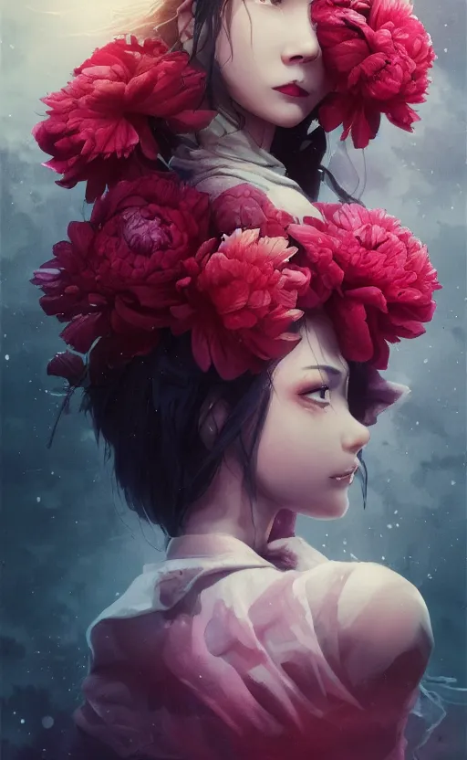 Image similar to bestselling movie poster, official media,a cinematic beautiful closeup moment of saying goodbye with peonies, simple form, brutal shapes, shaman, pixiv, 1970s fashion, official anime media, cinematic lighting, artstation consept artwork by doja cat, charlie bowater, waterhouse, ,greg rutkowski, wong kar wai