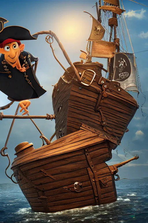 Image similar to the blackboard pirate on his old pirate ship with a black pirate flag. pixar disney 4 k 3 d render funny animation movie oscar winning trending on artstation and behance. ratatouille style.