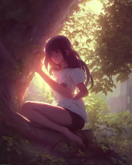 Image similar to a girl trying to eat a tree, full shot, atmospheric lighting, detailed face, by makoto shinkai, stanley artgerm lau, wlop, rossdraws