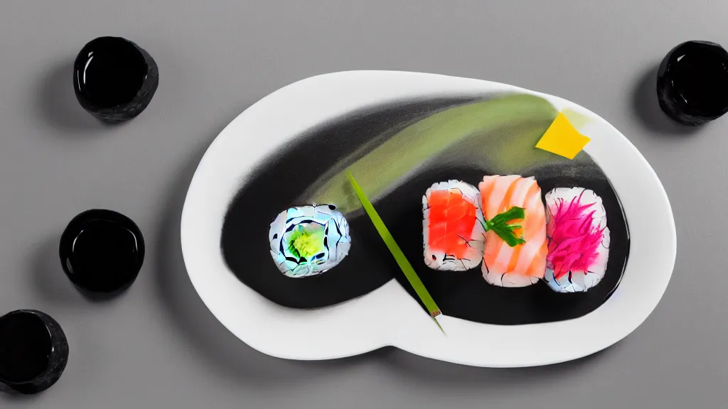 Image similar to an arrangement sushi on a white ceramic platter, japan, a collage painting, in the style of wes anderson, lola dupre, david hockney, isolated on negative white space background dark monochrome neon spraypaint accents volumetric octane render