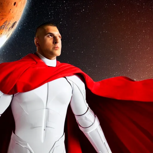 Image similar to portrait of a tall athletic muscular infantry man in glossy sleek white armor with tiny red details and a long red cape, heroic posture, on the surface of mars, night time, dramatic lighting, cinematic, sci-fi, hyperrealistic, movie still